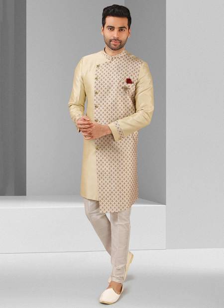 Cream Colour Excluisve Wear Art Silk Digital Print Kurta Pajama With Jacket Mens Collection 1443